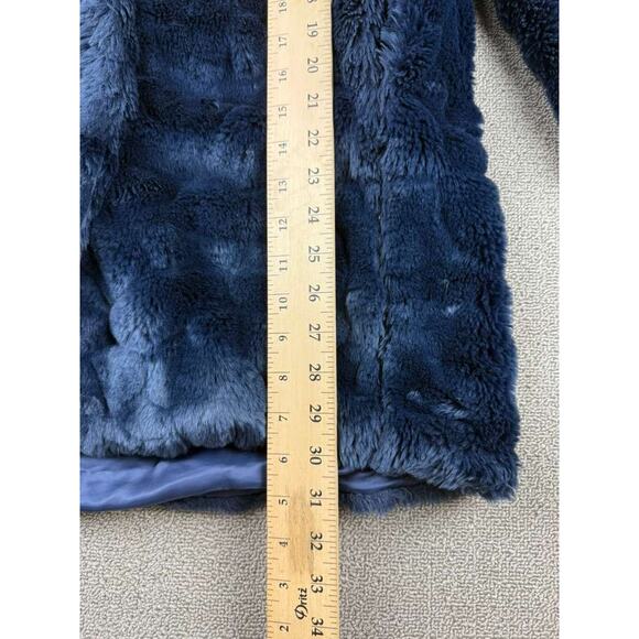 Sisley Hooded Coat Women 2 Blue Faux Fur Clip Buttons Gray Wool Lined Hood Plush - Picture 6 of 9